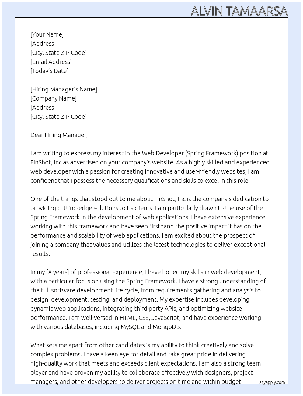 Web Developer (Spring Framework) At FinShot, Inc Cover Letter