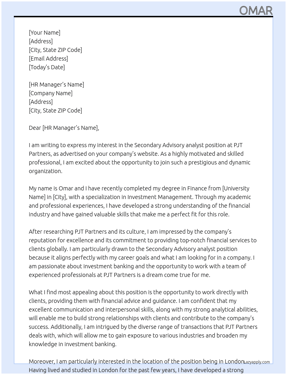 Secondary Advisory analyst At PJT Partners Cover Letter
