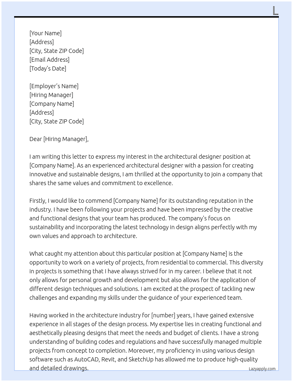 architectural designer At xxx Cover Letter