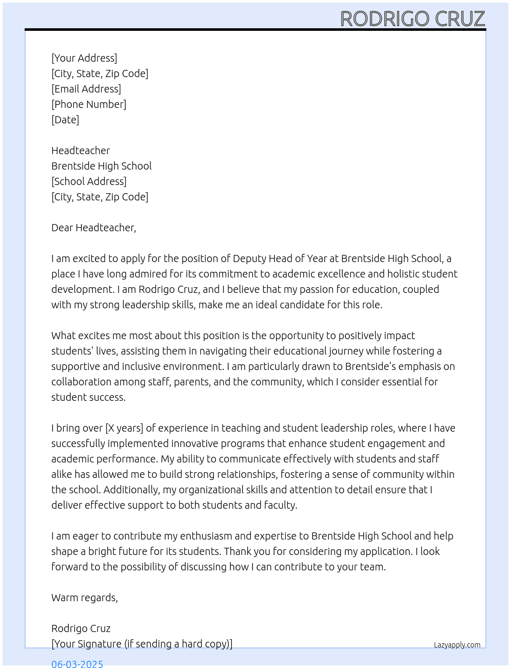Cover letter for deputy head if year - LazyApply