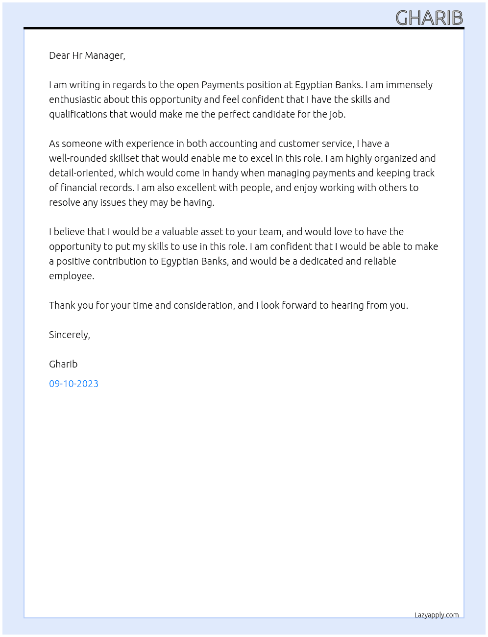 Payments  At Egyptian Banks Cover Letter