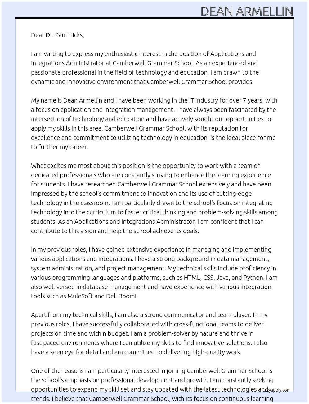 Applications and Integrations Administrator At Camberwell Grammar School Cover Letter