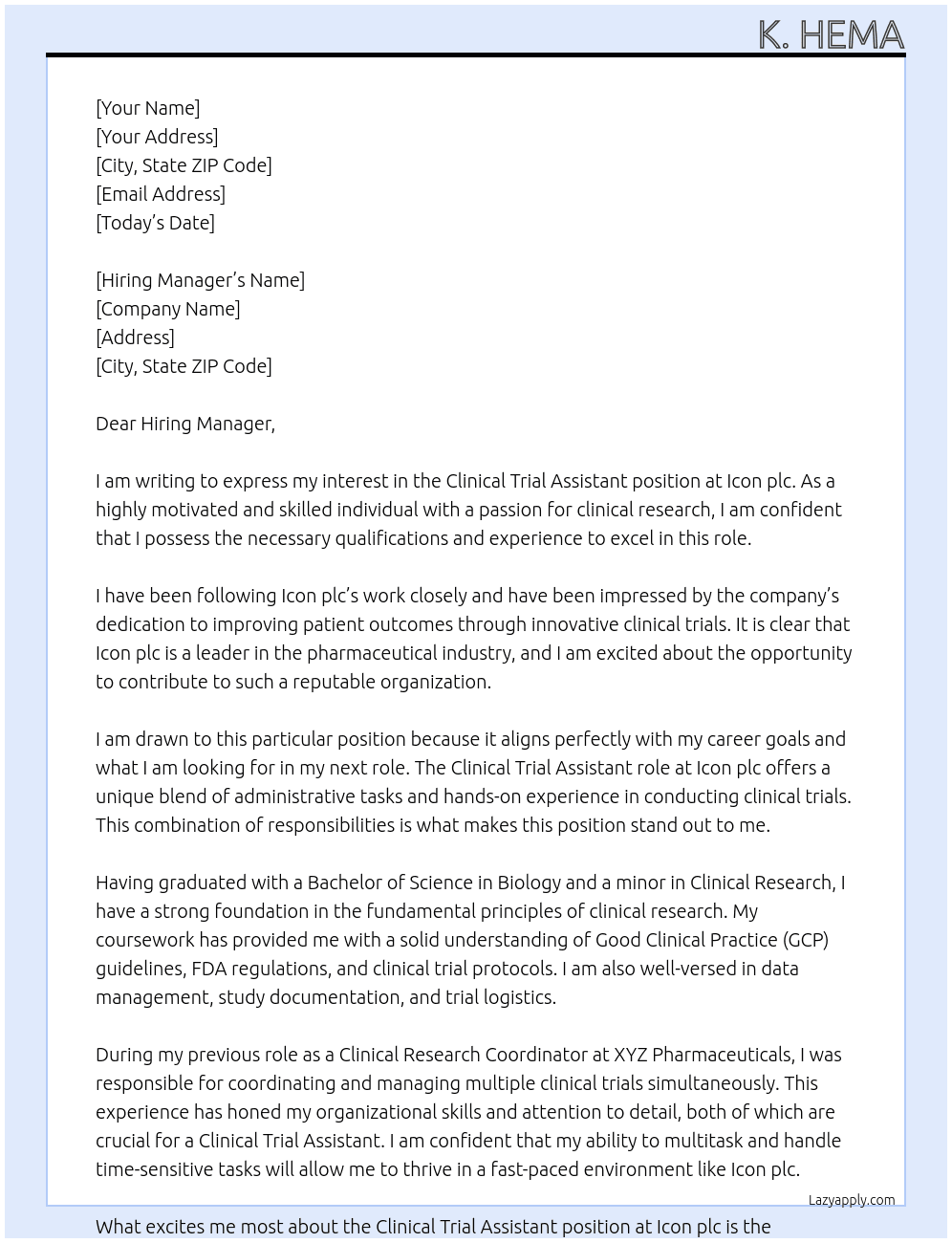 Clinical Trial Assistant At Icon plc Cover Letter
