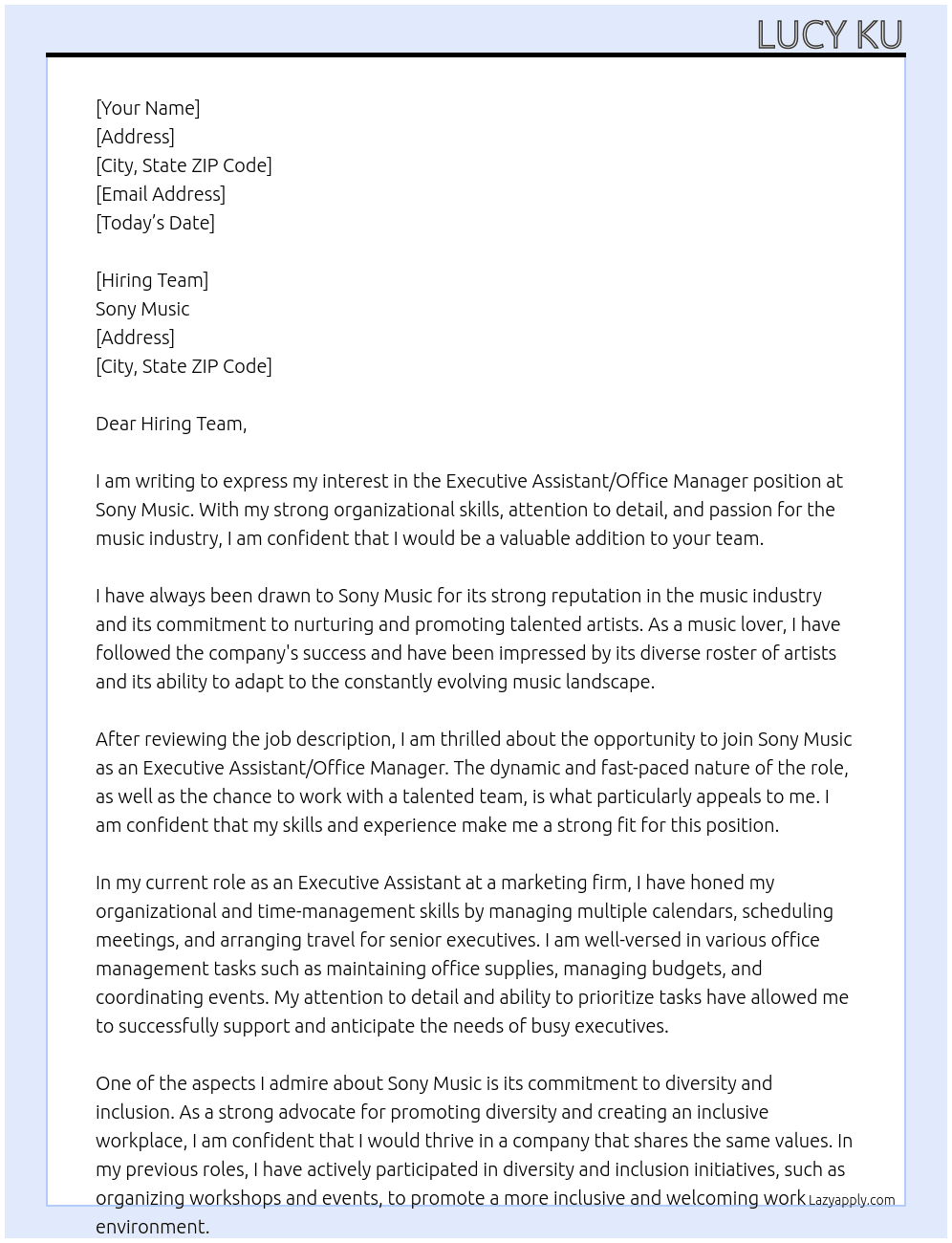 Executive Assistant/Office Manager At Sony Music Cover Letter