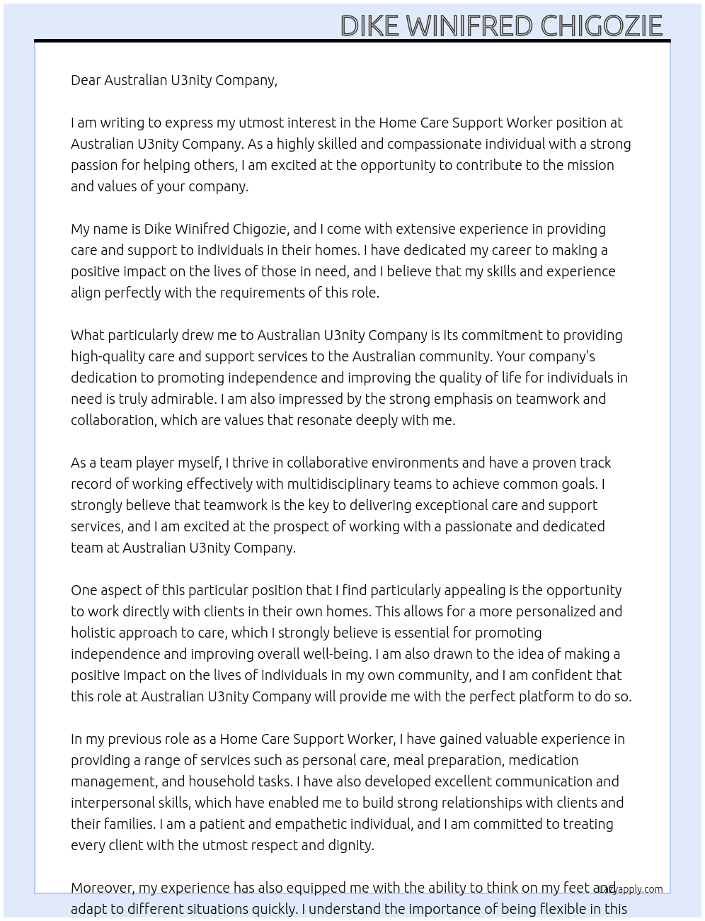 Home care support worker  At Australian U3nity company  Cover Letter