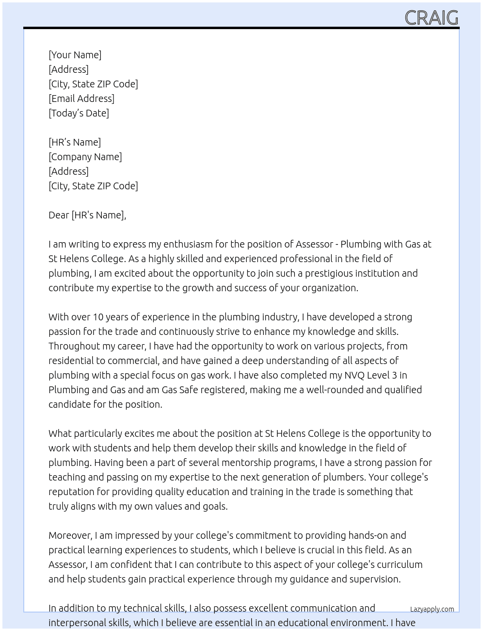 Assessor - Plumbing with Gas At St helens college Cover Letter