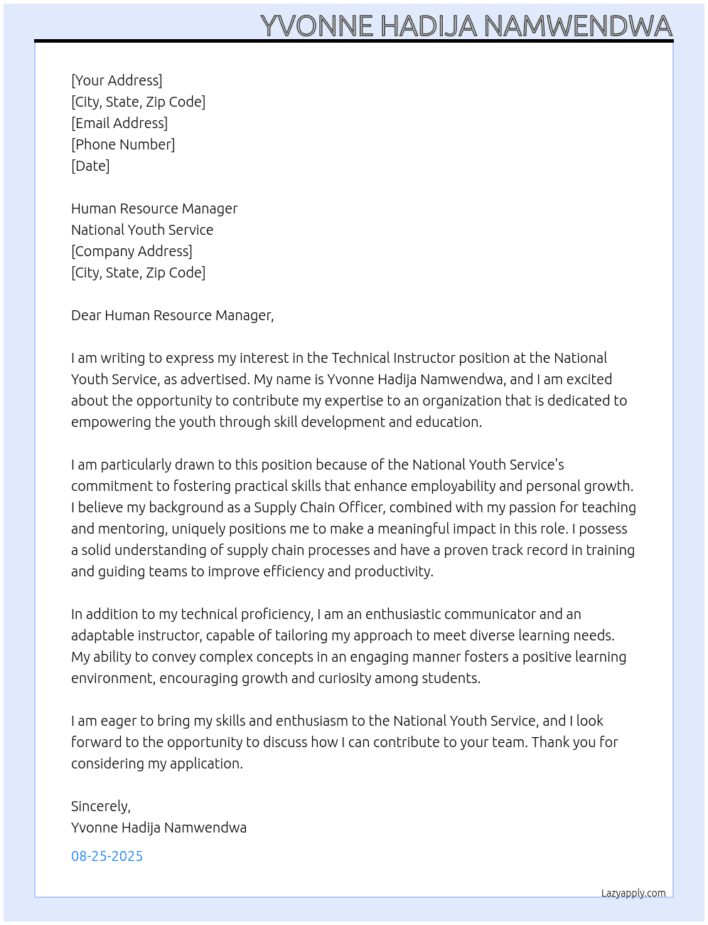 Cover letter for technical instructor - LazyApply