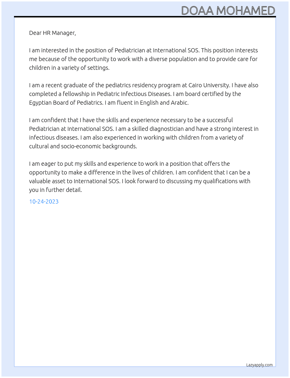 Pediatrician  At International SOS Cover Letter