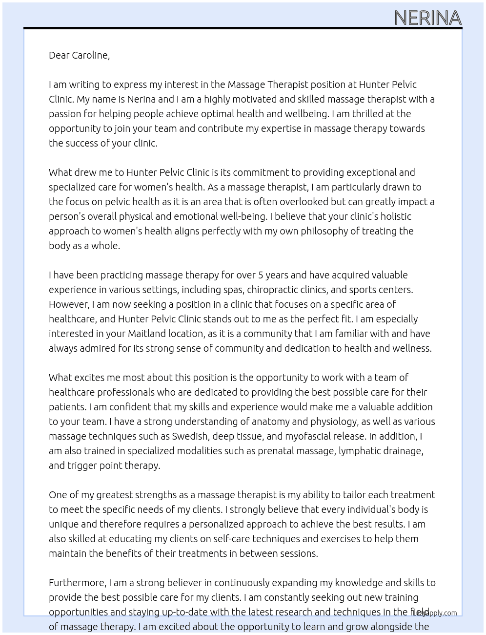 Massage Therapist At Hunter Pelvic Clinic Cover Letter