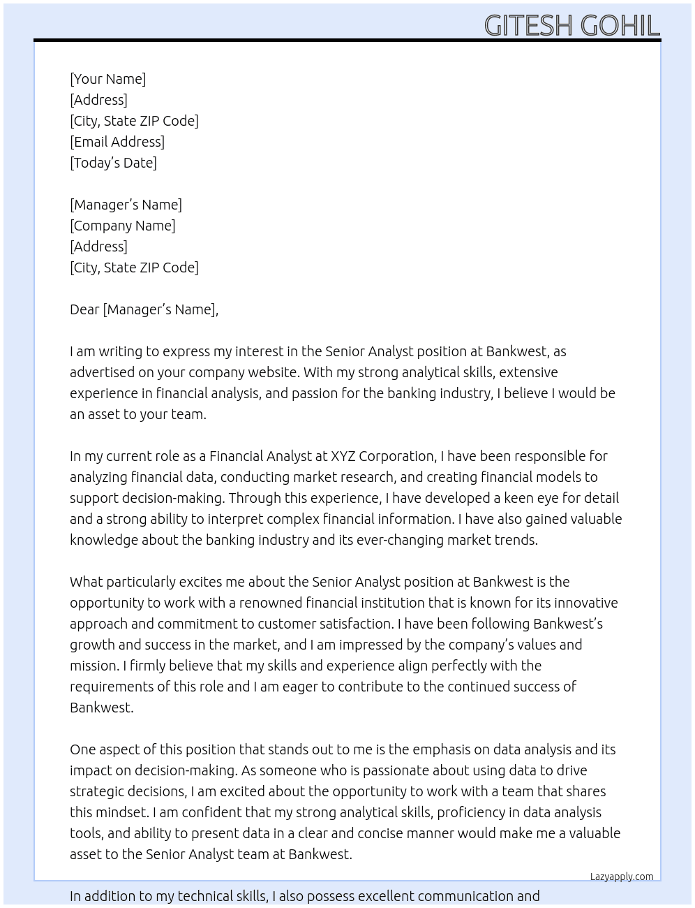 Senior Analyst At Bankwest Cover Letter