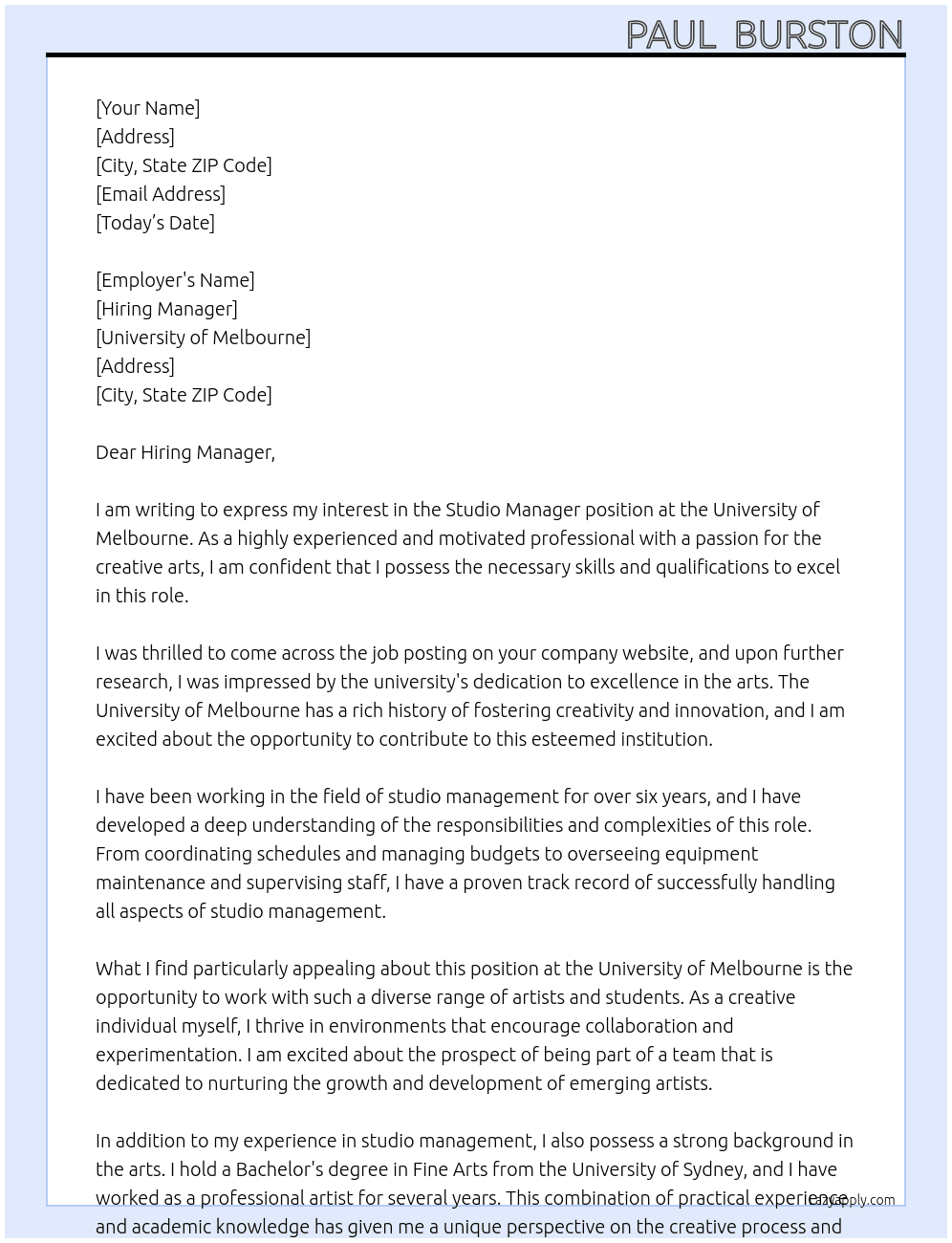 STUDIO MANAGER At UNIVESITY OF MELBOURNE  Cover Letter