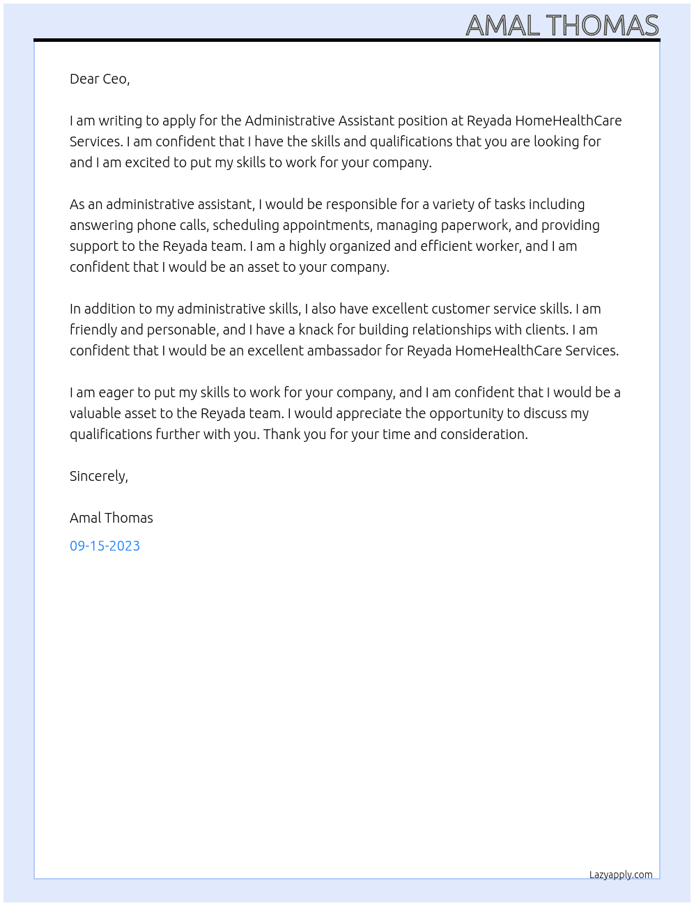 Administrative Assistant At Reyada HomeHealthCare Services Cover Letter