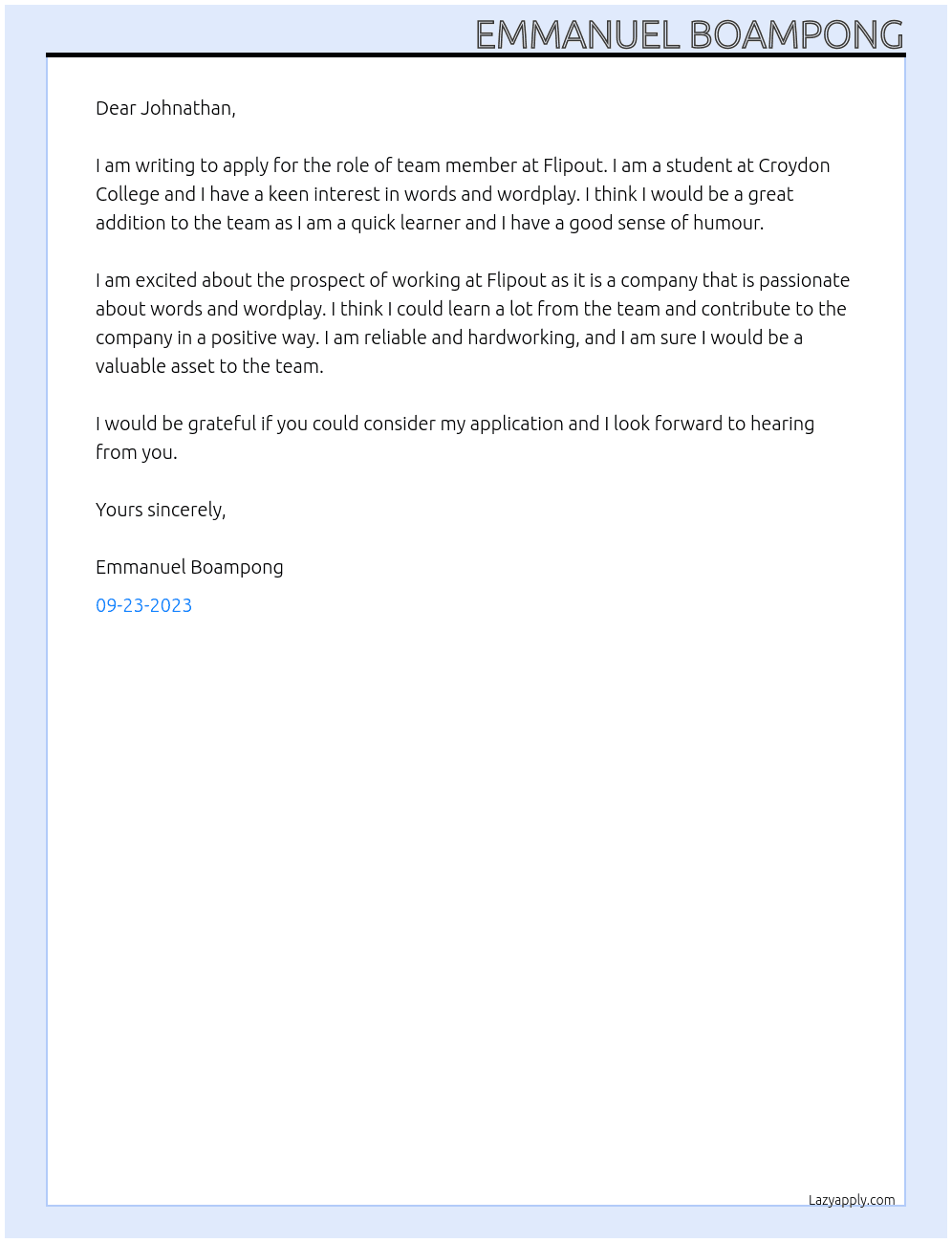 Team member At Flipout Cover Letter