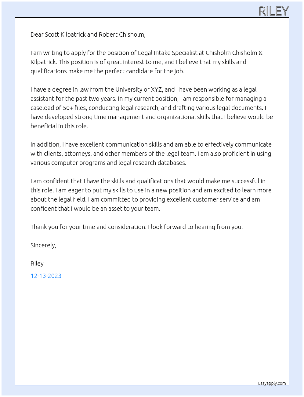 Legal Intake Specialist At Chisholm Chisholm & Kilpatrick Cover Letter