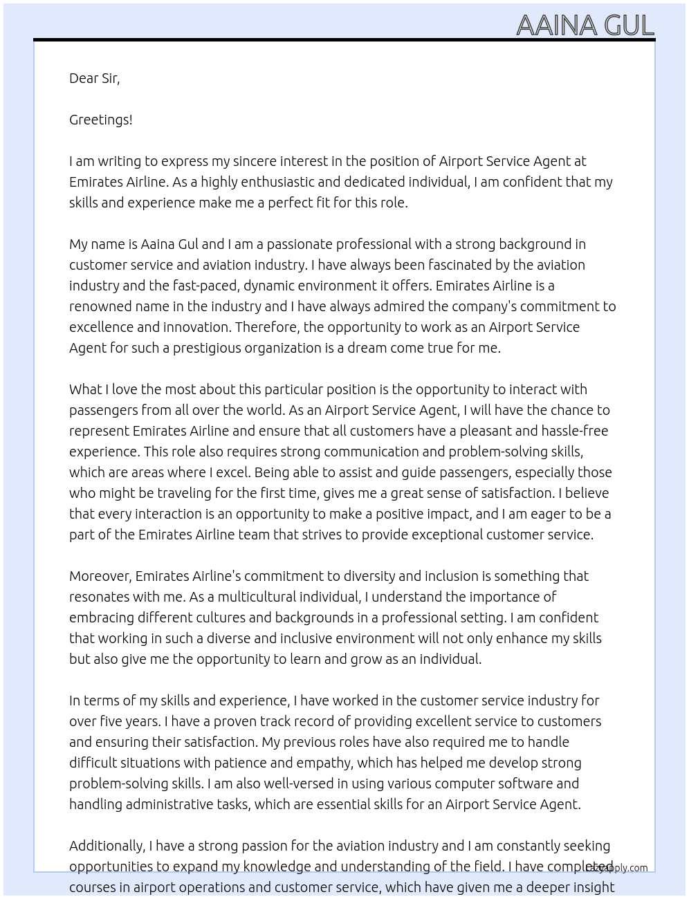 airport service agent  At emirate airline Cover Letter