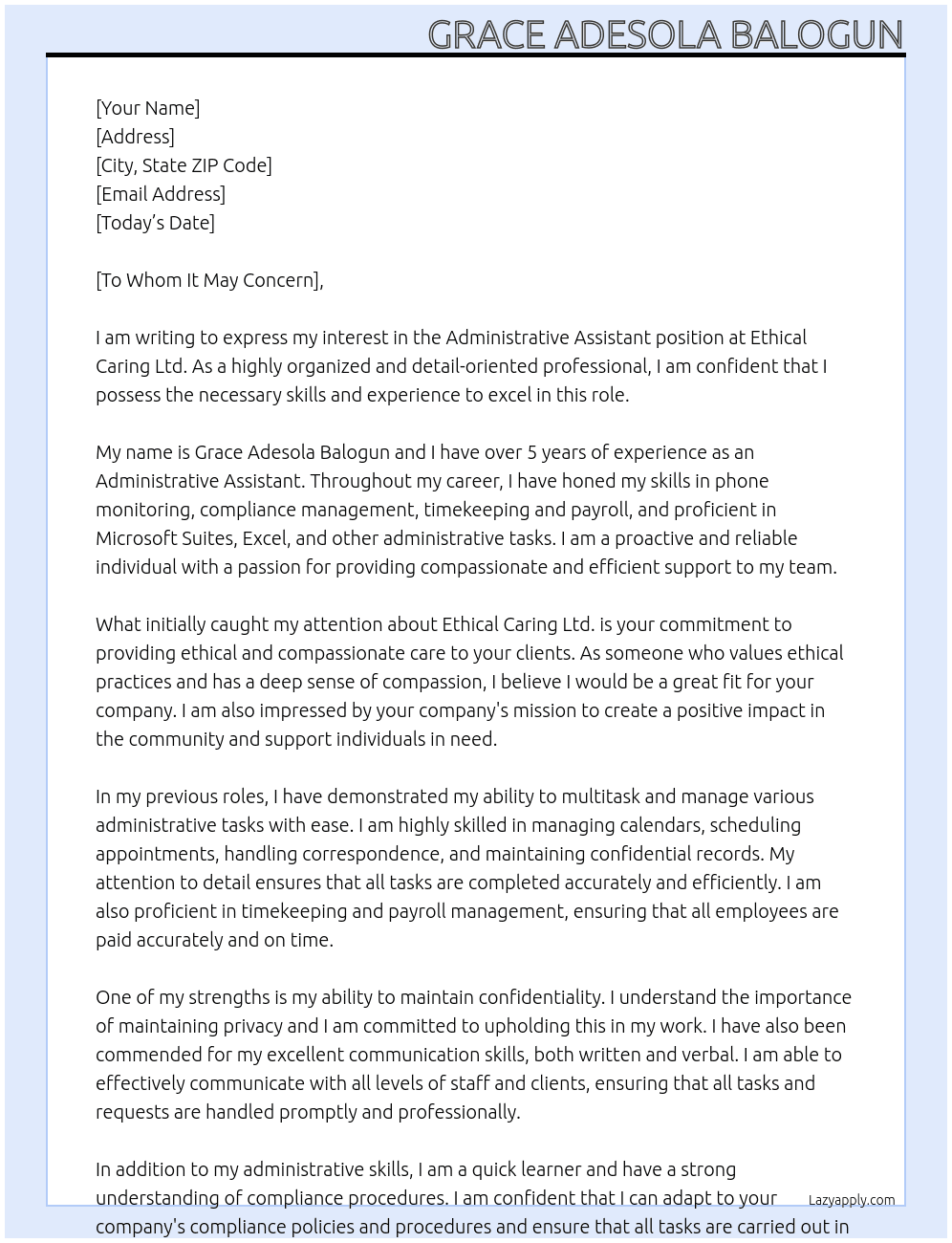 Administrative assistant  At Ethical Caring Ltd.  Cover Letter