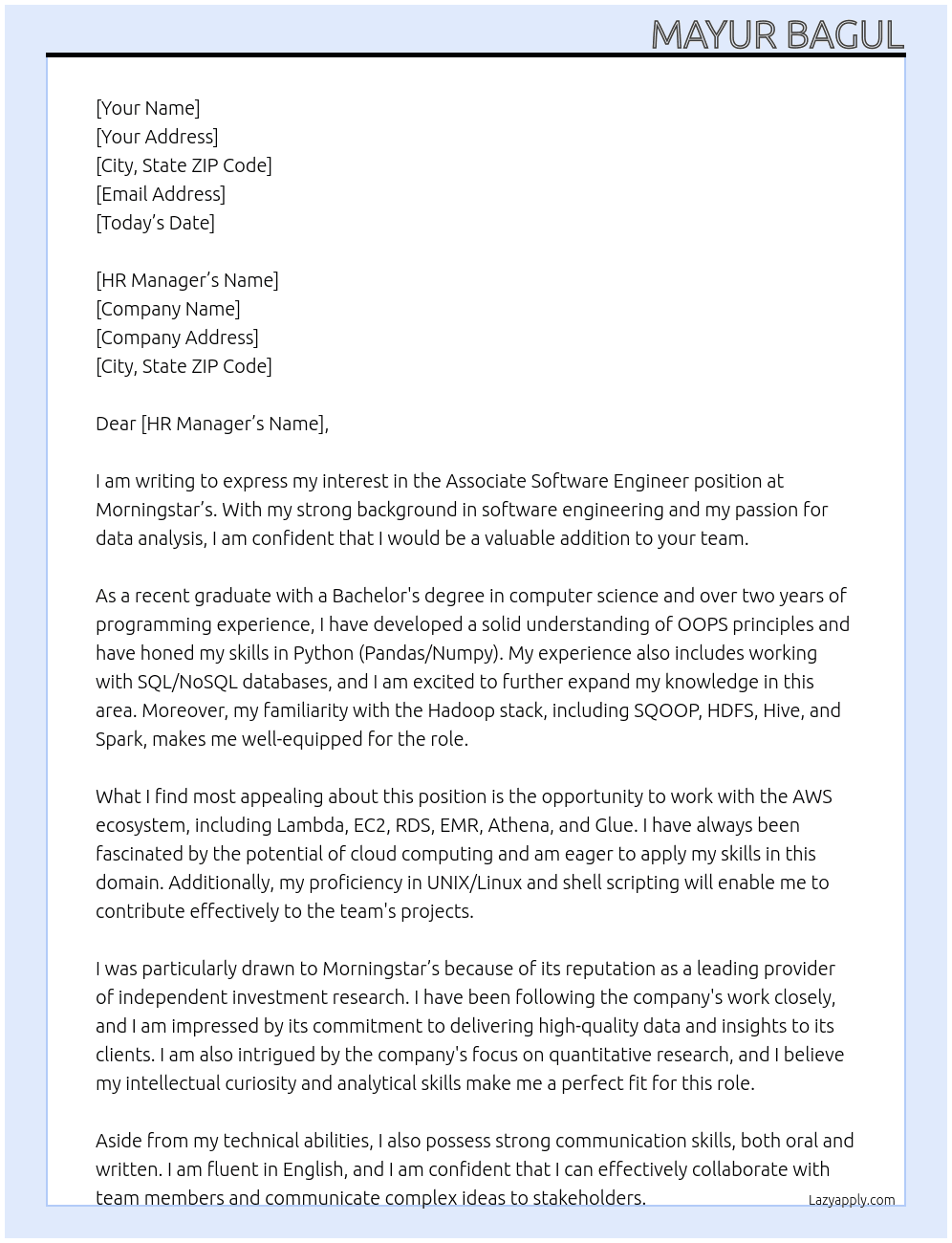 Associate Software Engineer At  Morningstar’s  Cover Letter