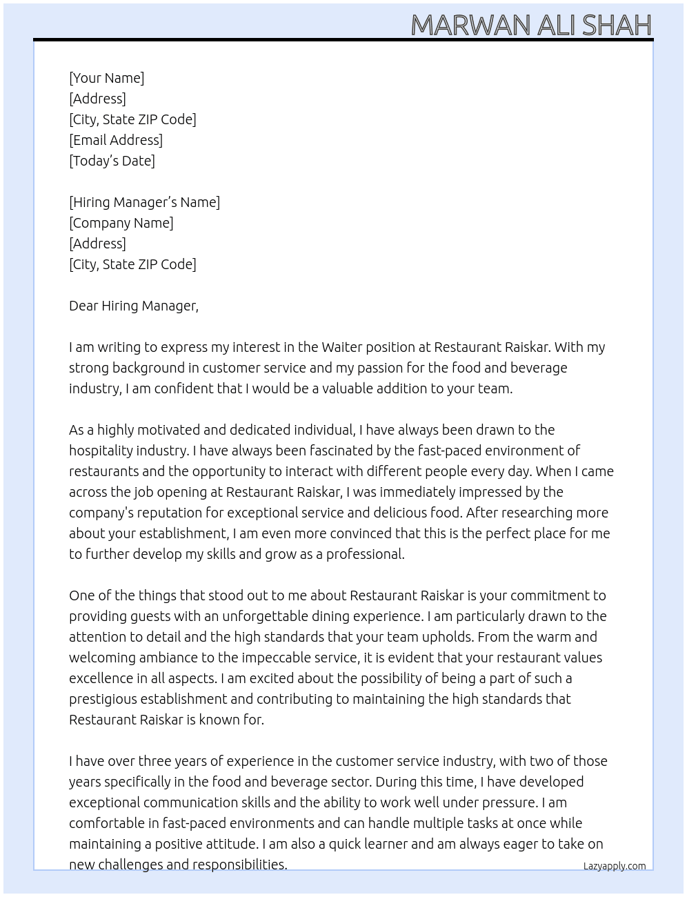 Waiter At Restaurant Raiskar Cover Letter