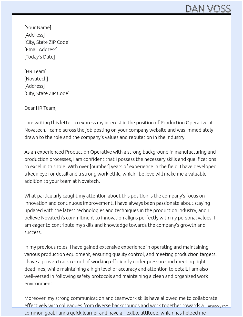 Production Operative At Novatech Cover Letter