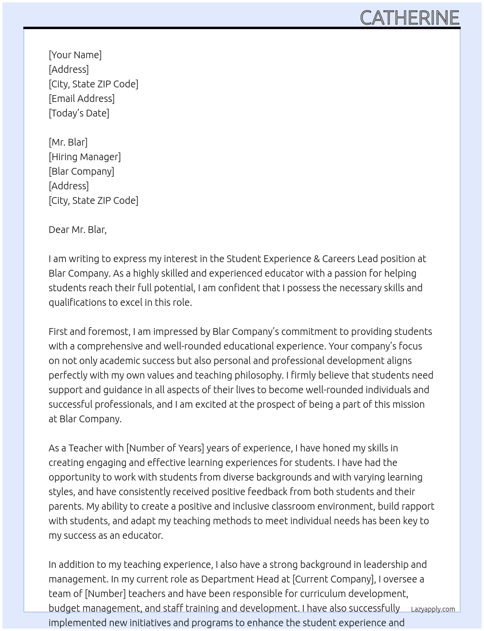 Student Experience & Careers Lead At Blar Cover Letter