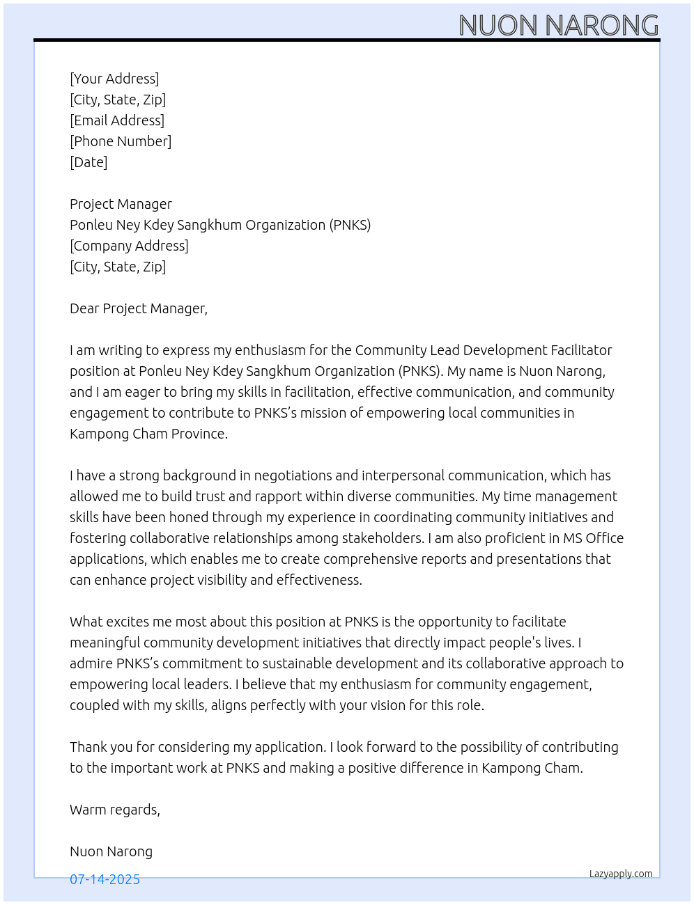 Cover letter for community lead development facilitator - LazyApply