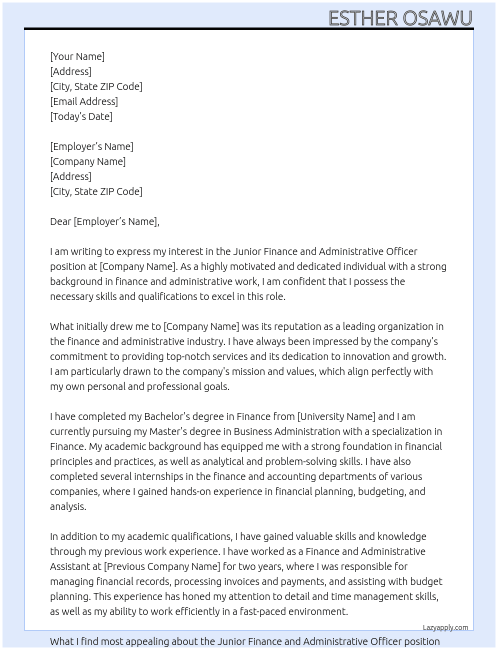 Junior Finance and Administrative Officer At Esther Osawu Cover Letter