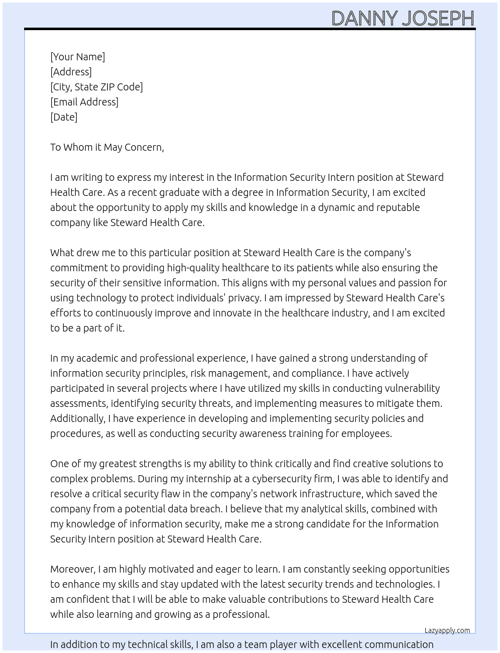 Information Security Intern At Steward Health Care  Cover Letter