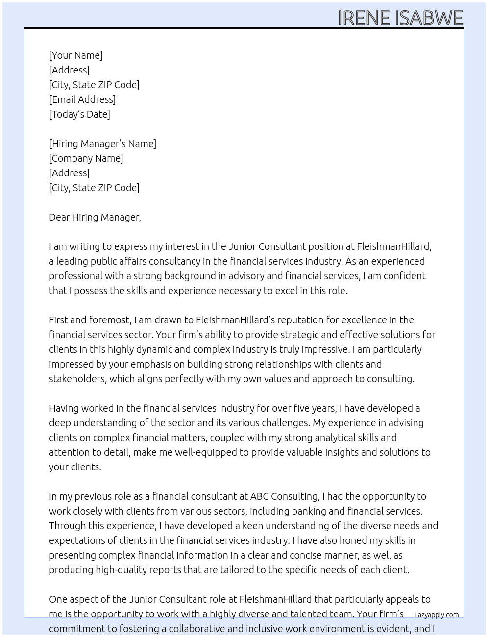 Junior Consultant, Financial Services Public Affairs Consultancy At FleishmanHillard Cover Letter