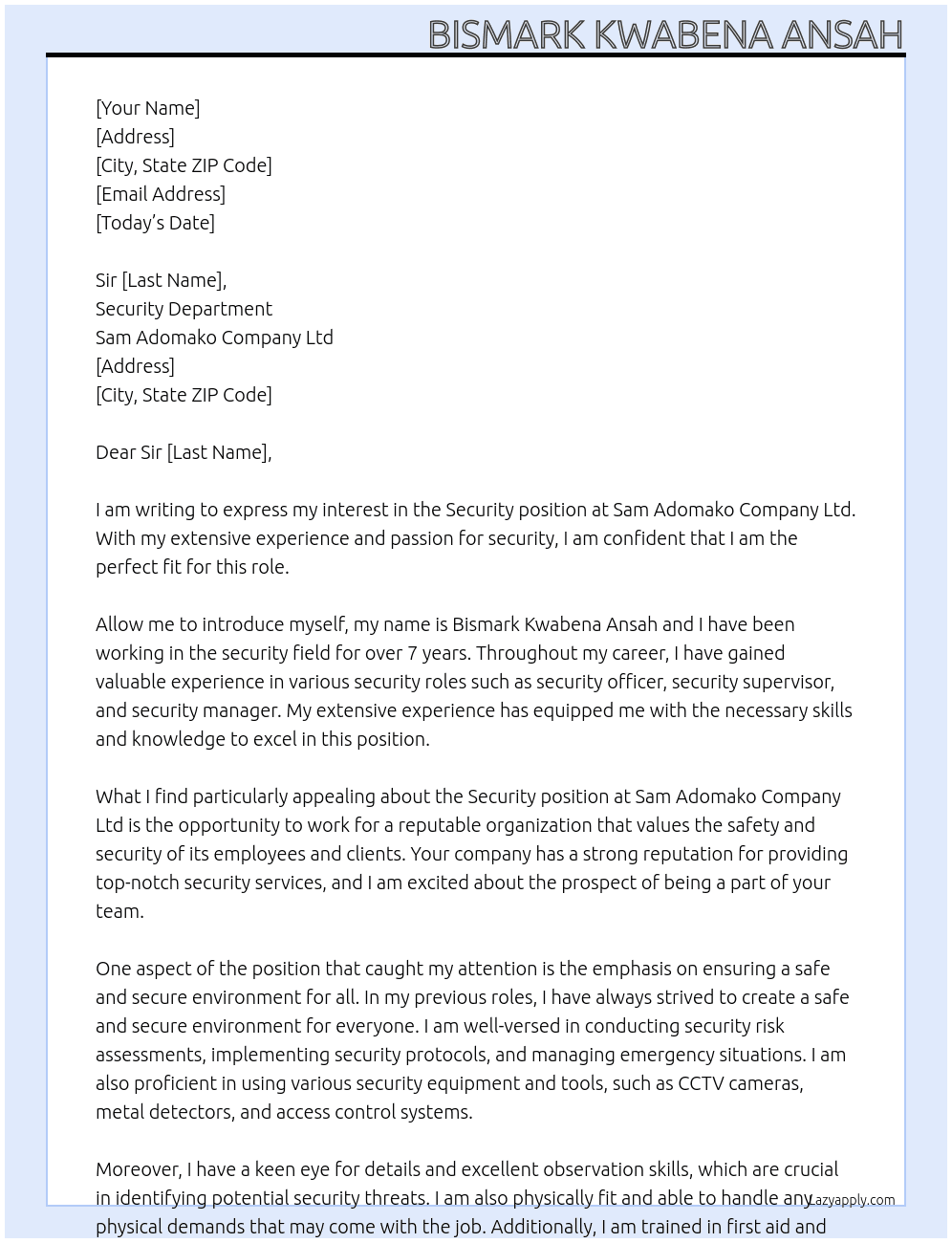 Security  At Sam Adomako Company Ltd Cover Letter