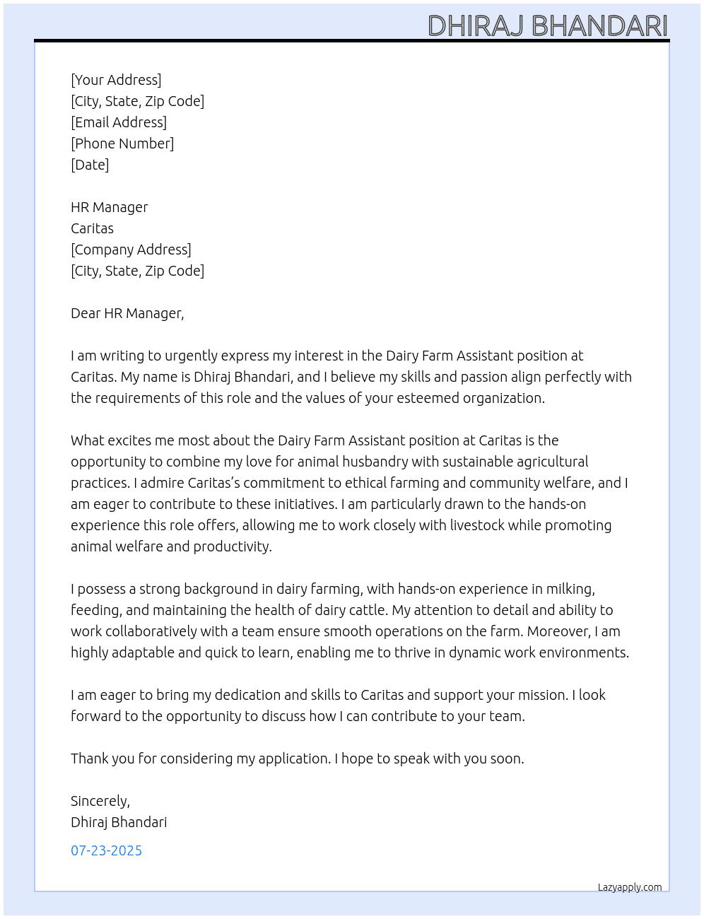 Dairy Farm Assistant At Caritas Cover Letter