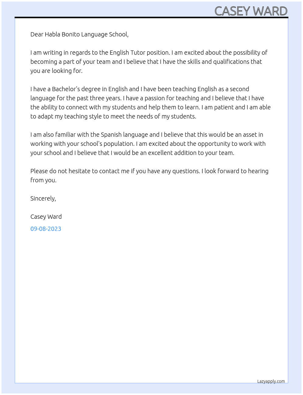 English Tutor At Habla Bonito Language School Cover Letter
