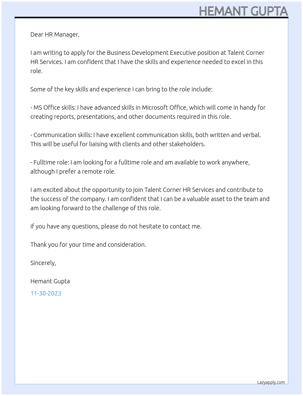 Business Development Executive At Talent Corner HR Services Cover Letter