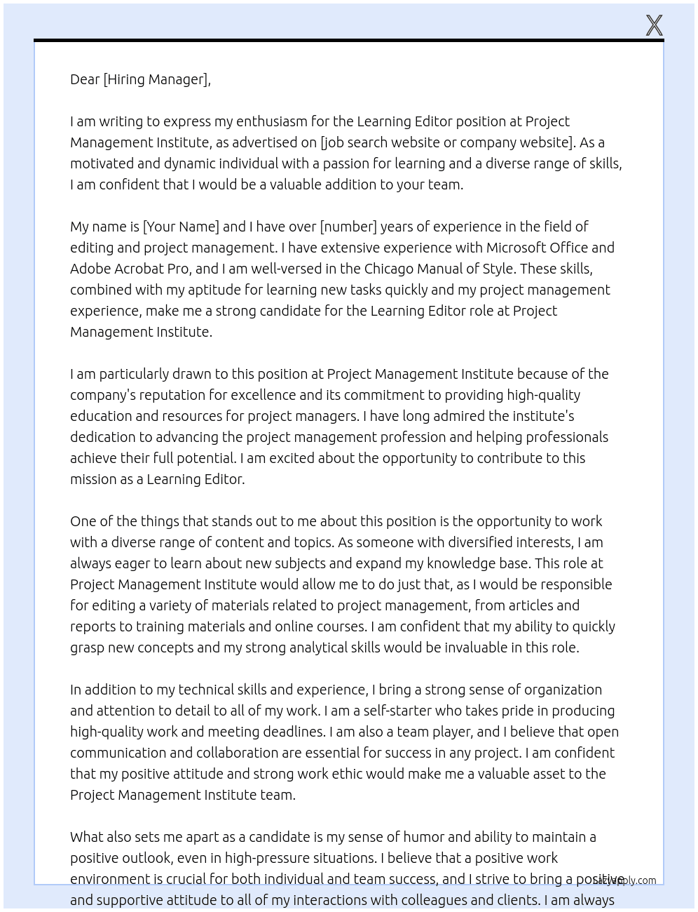 Learning Editor At Project Management Institute Cover Letter