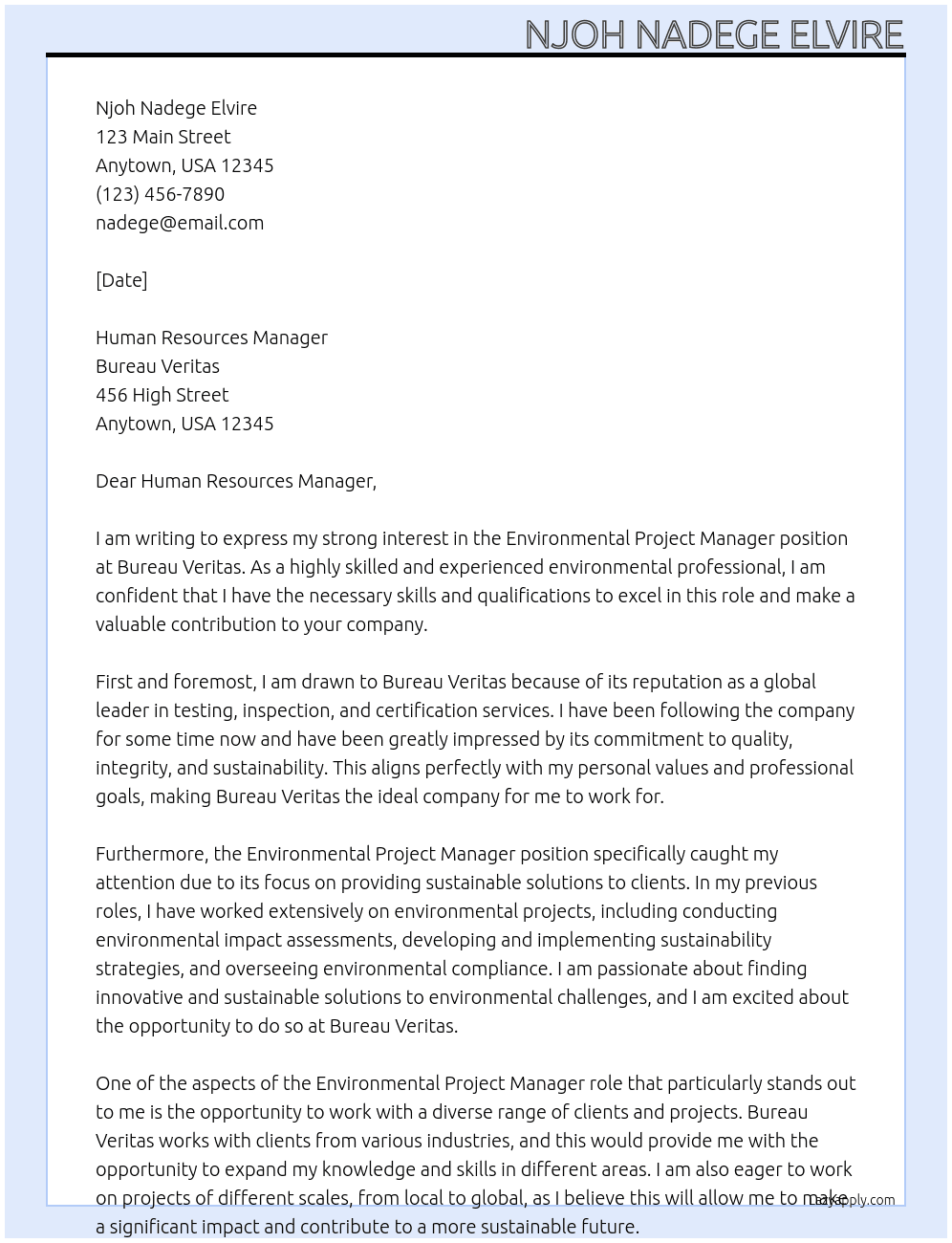 E,vironmental Project Manager At Bureau Veritas  Cover Letter