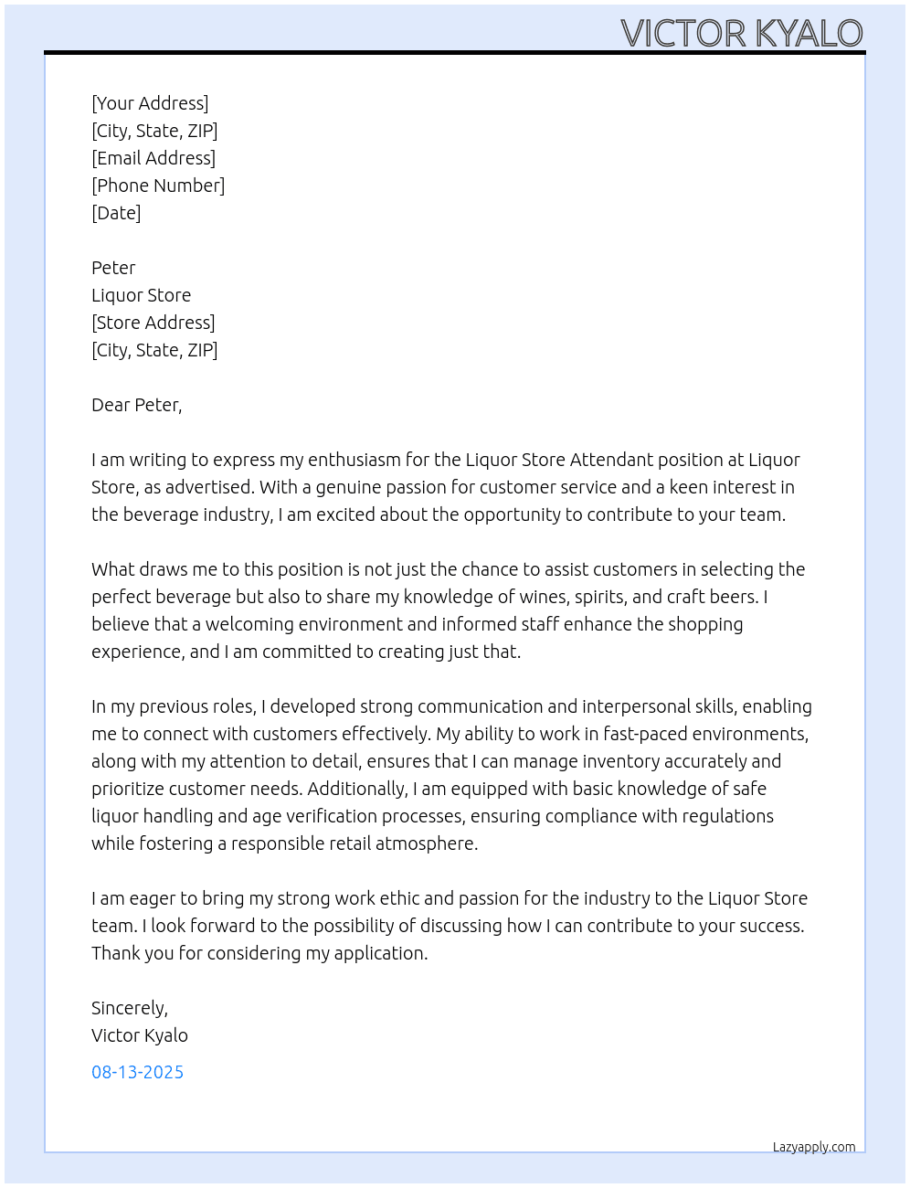 Liquor store attendant At Liquor store Cover Letter