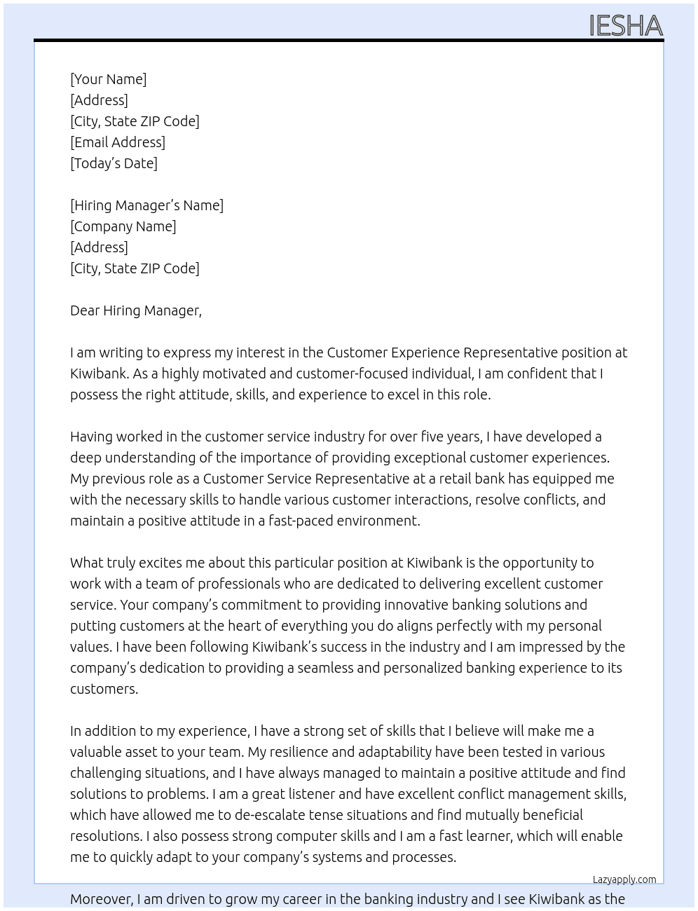 Customer Experience Representative At Kiwibank Cover Letter