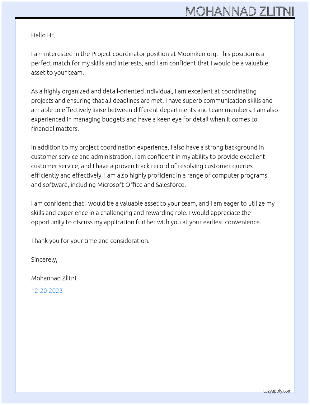 Project coordinator At Moomken org Cover Letter