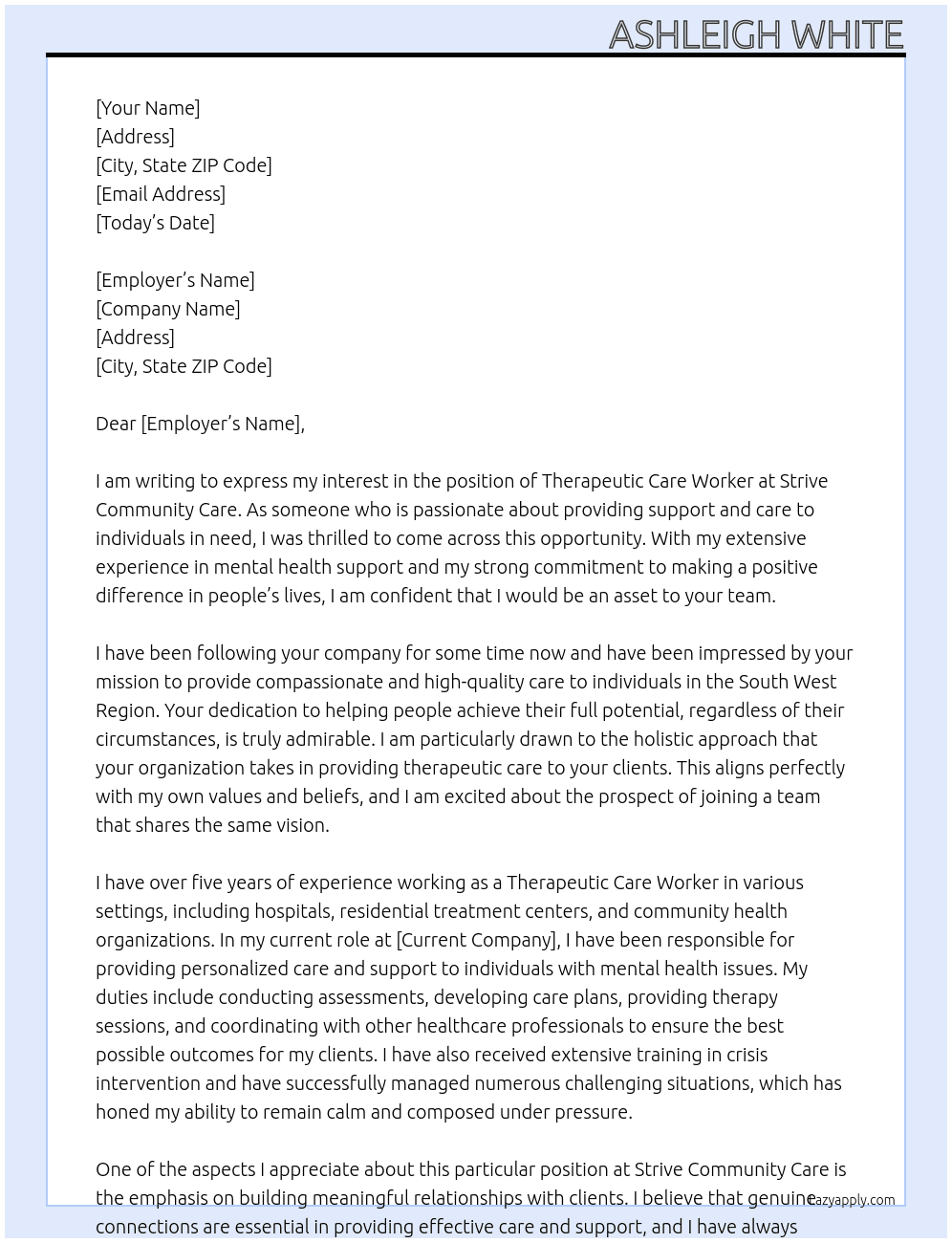 Therapeutic Care Worker At Strive Community Care Cover Letter