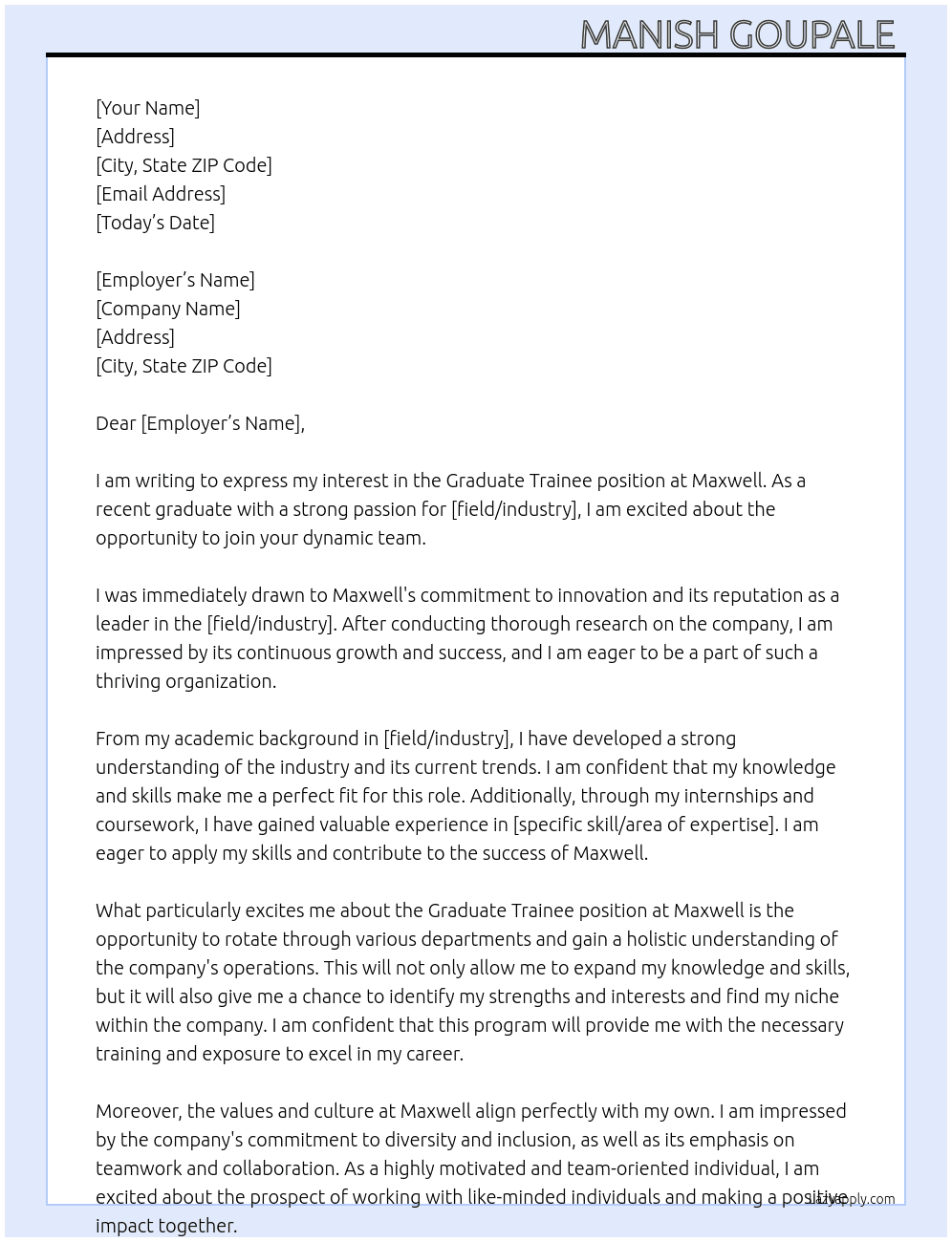 Graduate Trainee  At Maxwell  Cover Letter