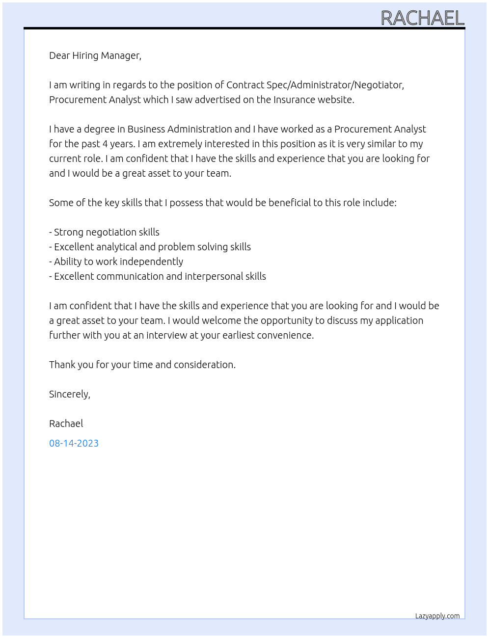 Contract Spec/Administrator/Negotiator, Procurement Analyst At Insurance Cover Letter