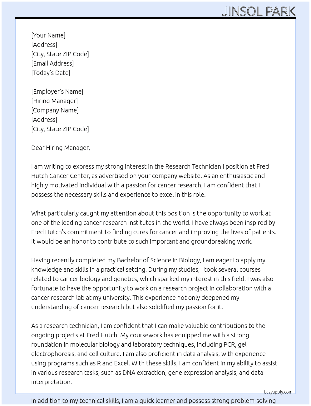 Research Technician I At Fred Hutch Cancer Center Cover Letter