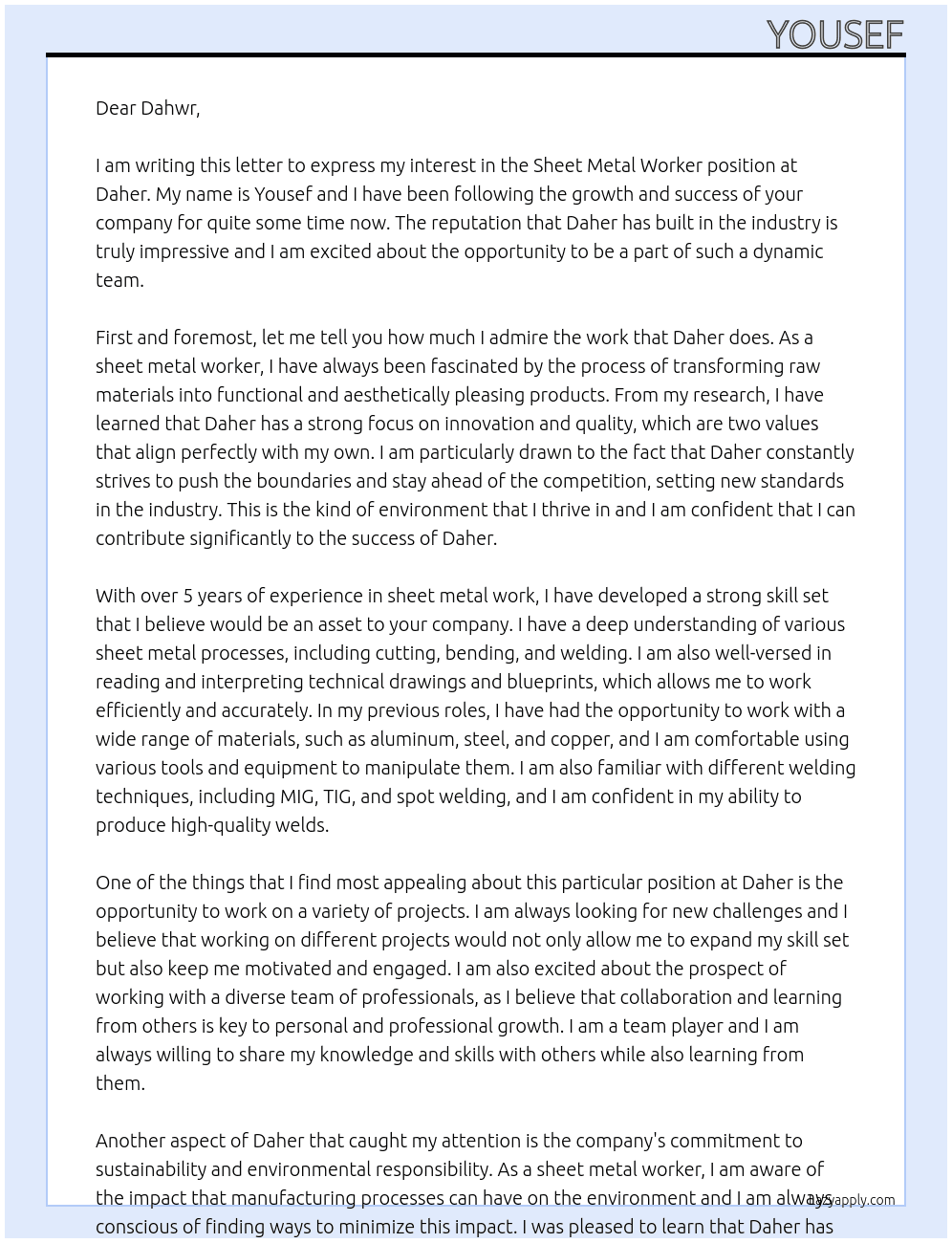 Sheet metal worker At Daher Cover Letter