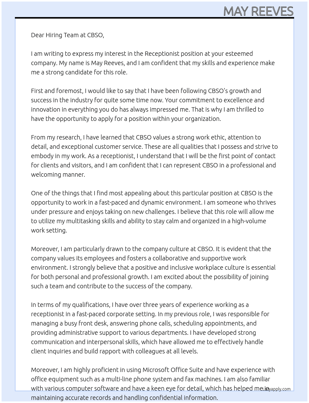 Receptionist  At cbso Cover Letter