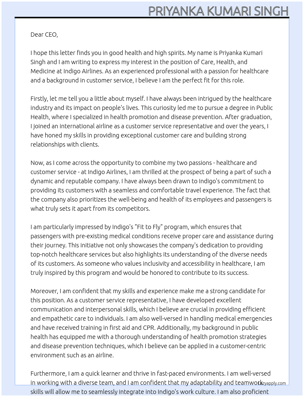 Cover letter for care,health, medicine, - LazyApply