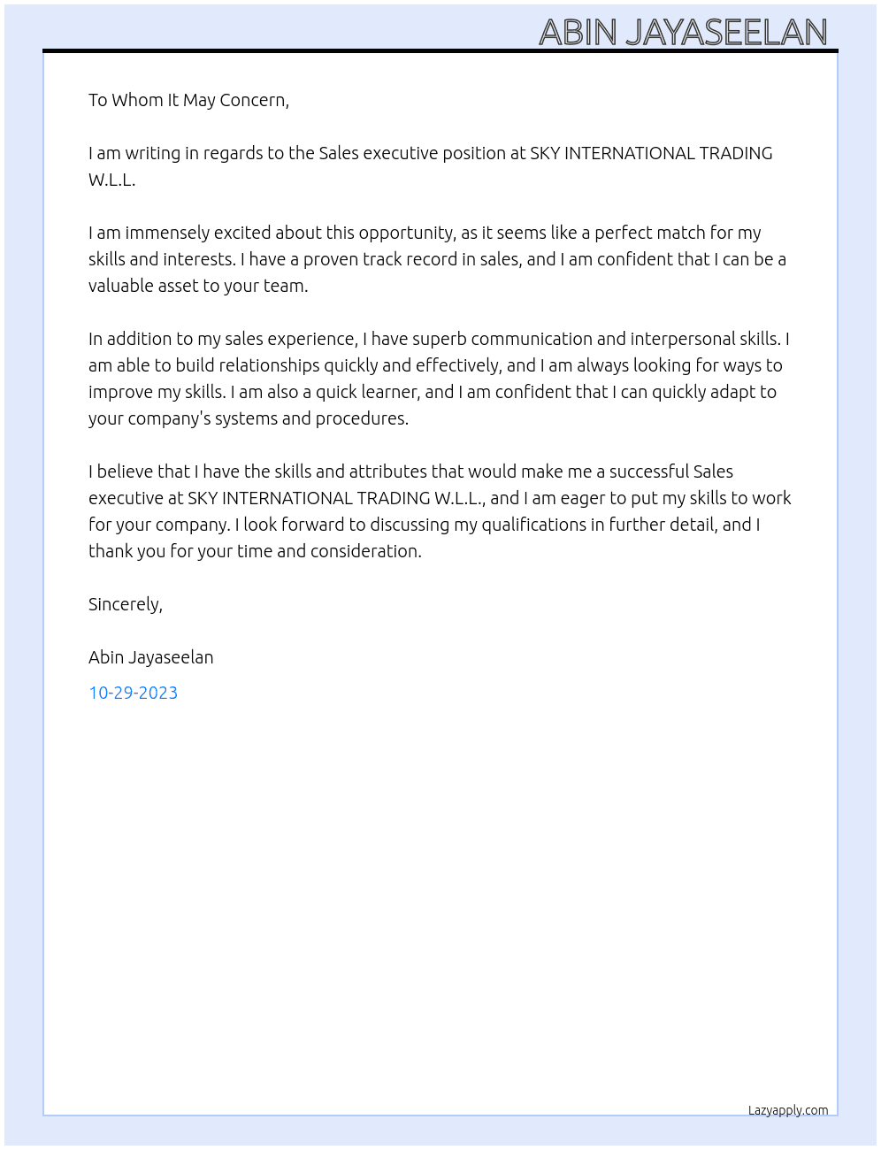 Sales executive  At SKY INTERNATIONAL TRADING W.L.L. Cover Letter
