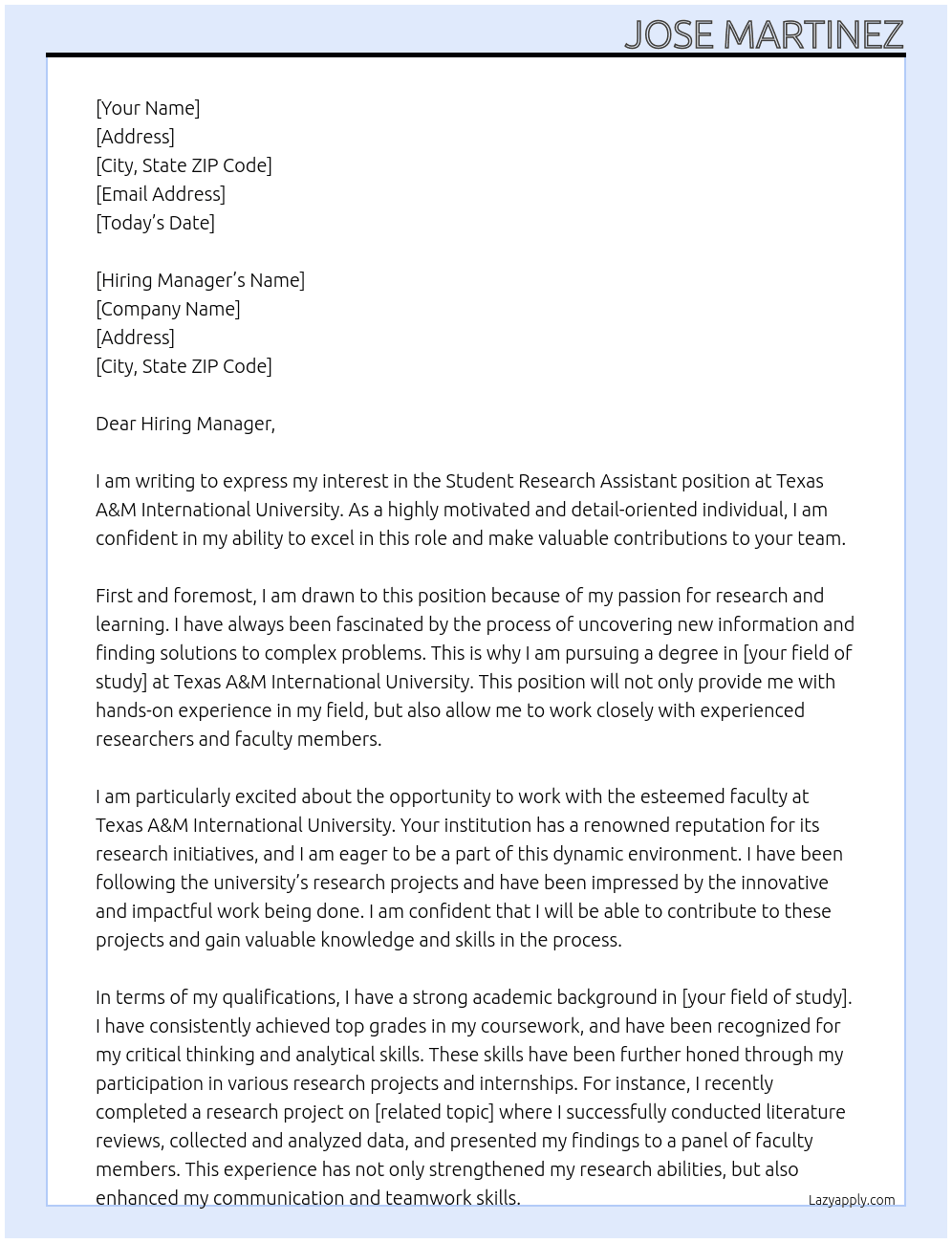 Student Research Assistant At Texas A&M International University Cover Letter