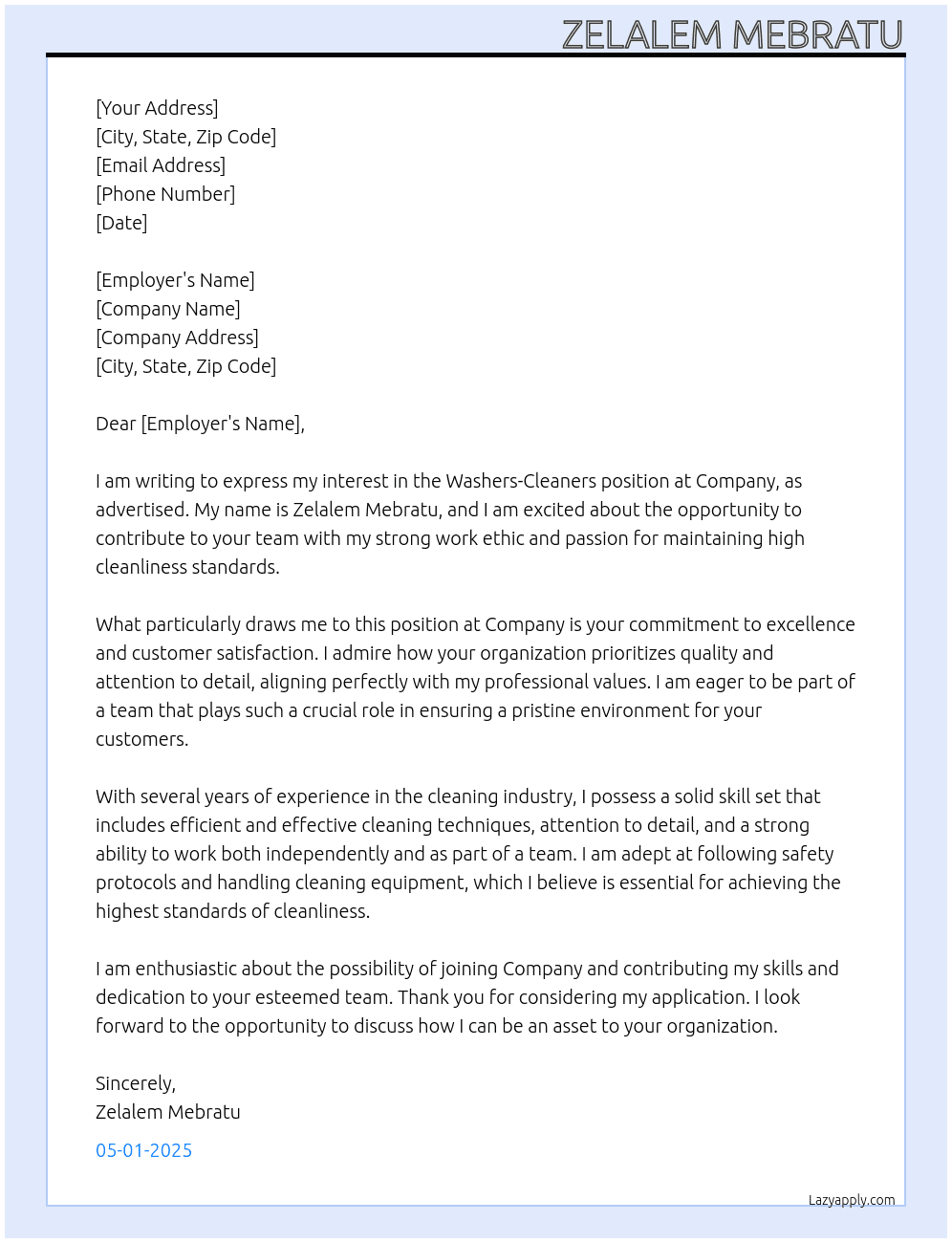 Cover letter for washers-cleaners - LazyApply