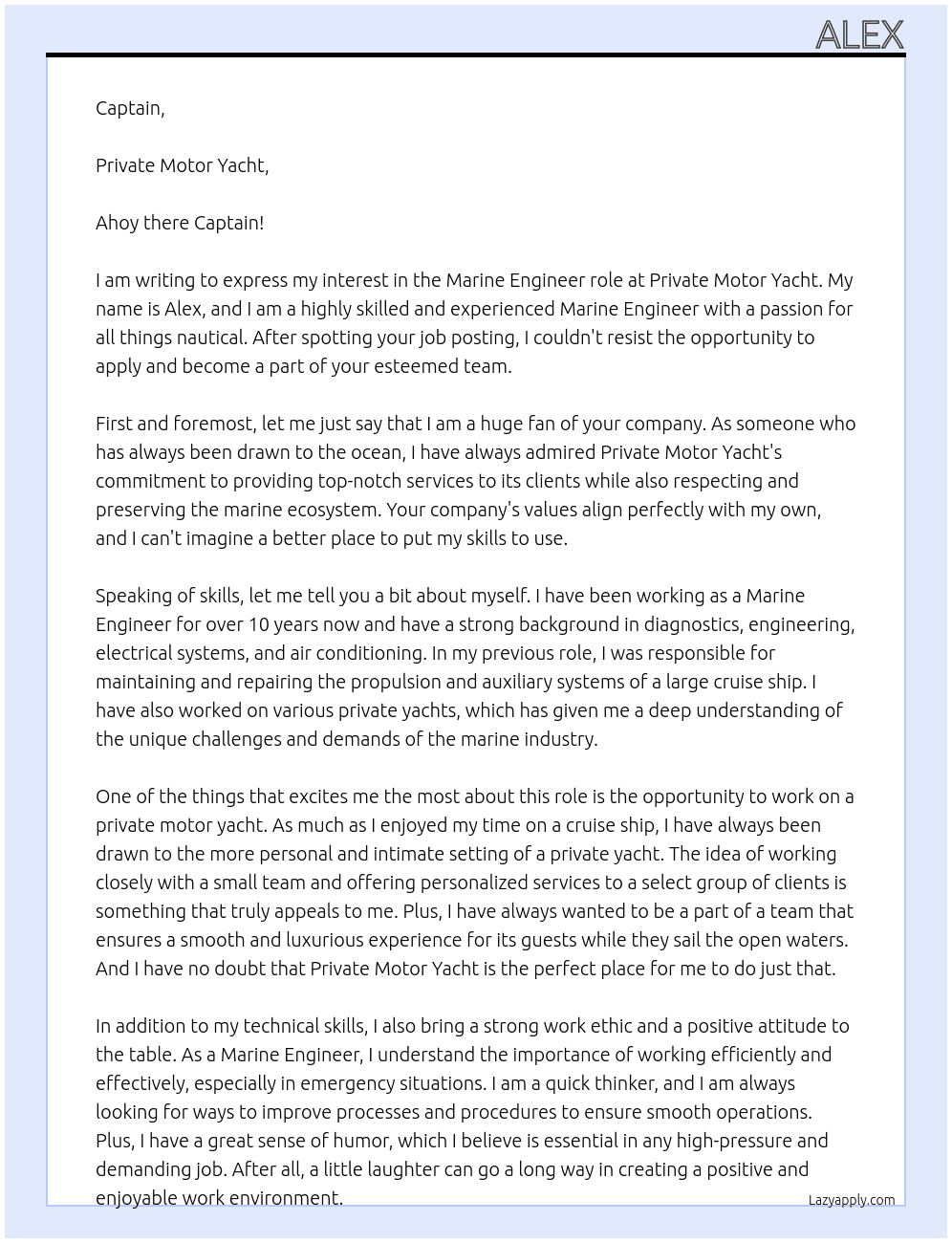 Marine engineer  At Private motor yacht Cover Letter