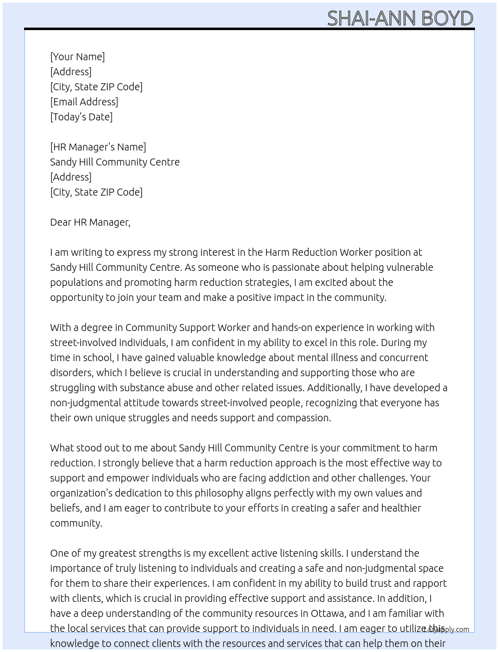 Harm reduction worker  At Sandy Hill Community Centre  Cover Letter