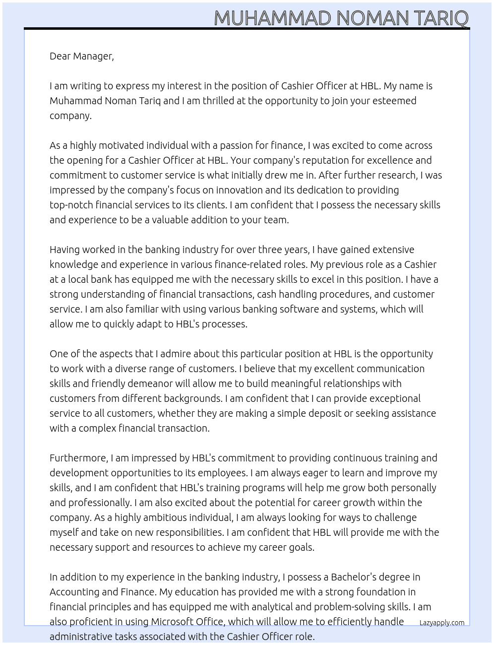 cashier officer At HBL Cover Letter